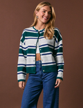 Striped Soft Knit Crew Neck Button Cardigan