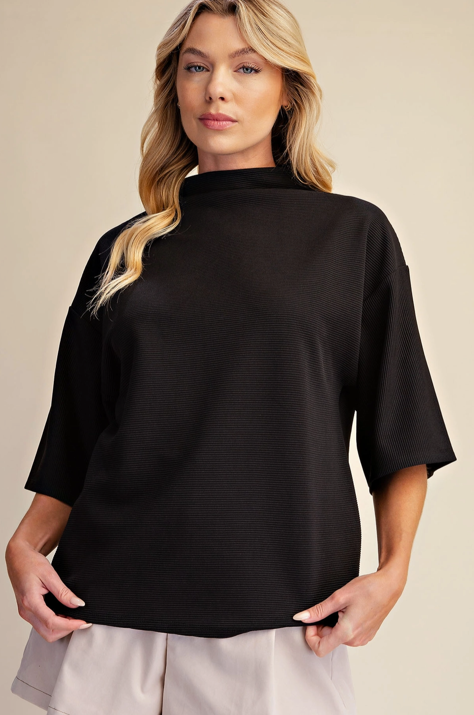Mock Turtleneck Short Sleeve Top-Black