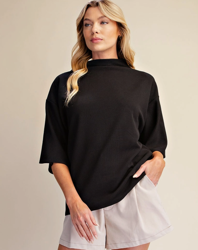 Mock Turtleneck Short Sleeve Top-Black