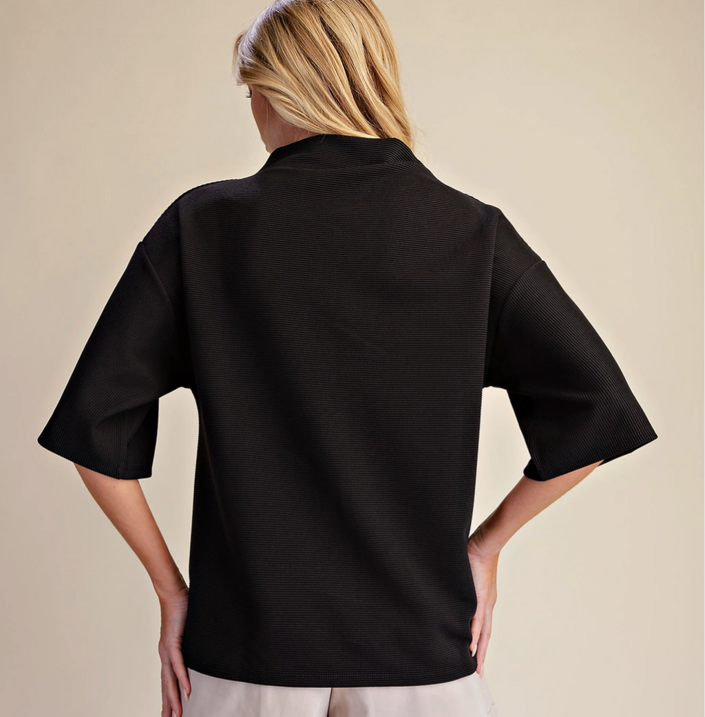 Mock Turtleneck Short Sleeve Top-Black