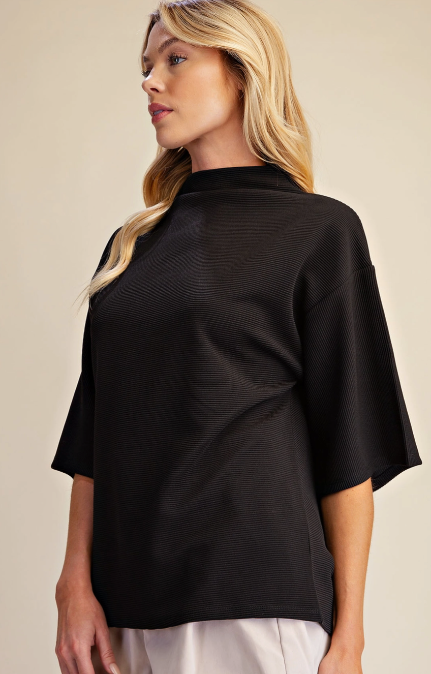 Mock Turtleneck Short Sleeve Top-Black