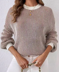 Balloon Sleeves Striped Ribbed Knit Sweater