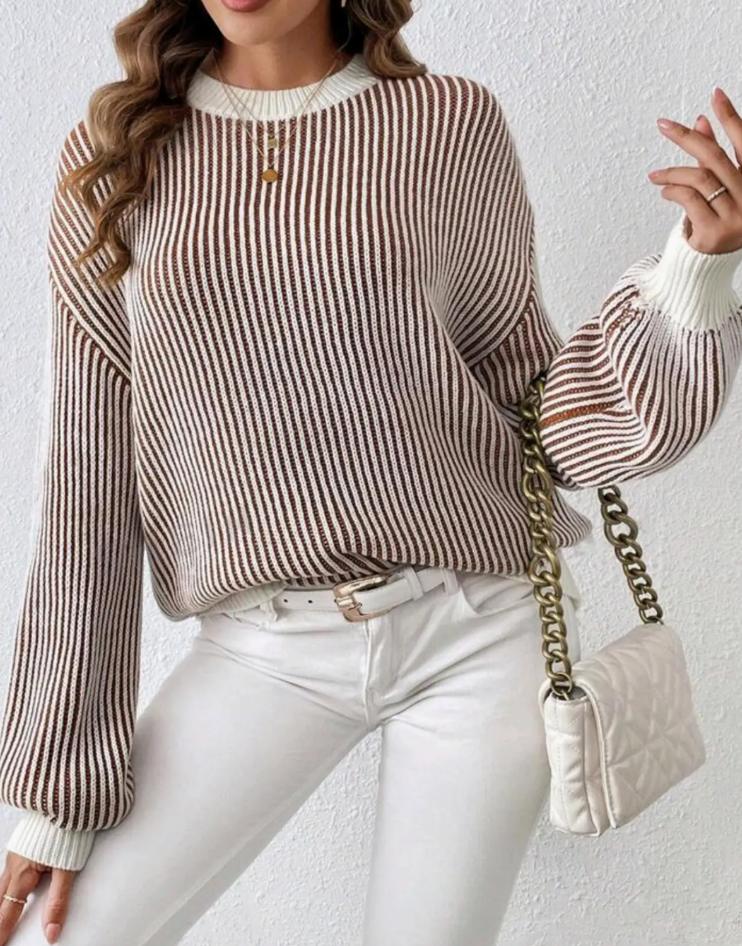 Balloon Sleeves Striped Ribbed Knit Sweater