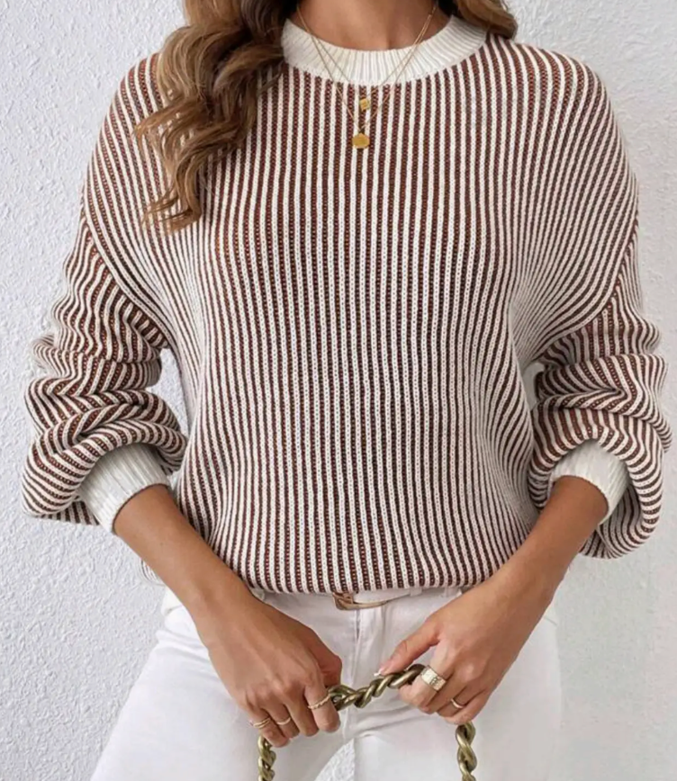 Balloon Sleeves Striped Ribbed Knit Sweater