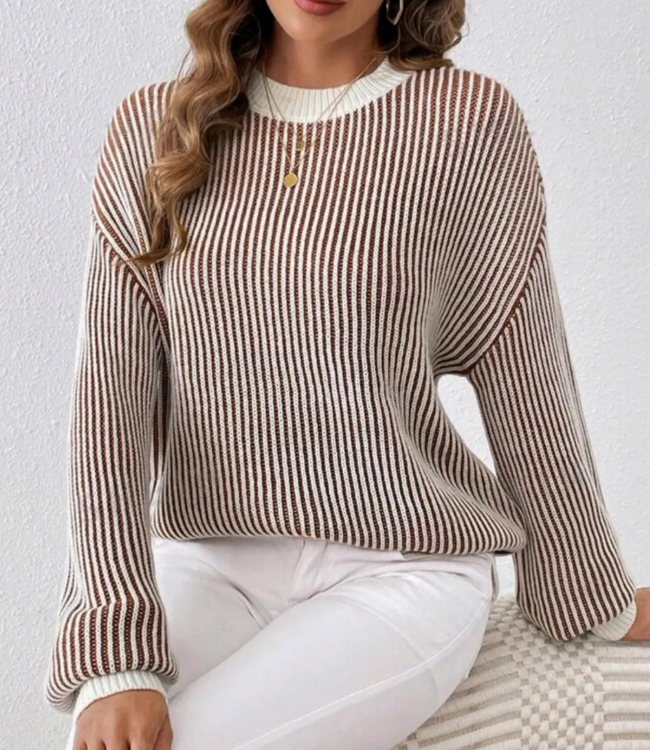 Balloon Sleeves Striped Ribbed Knit Sweater