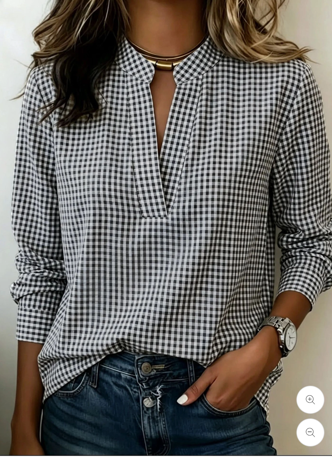 Gingham  Blouse V Neck Shirt