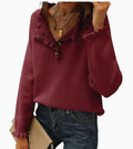 Ruffled Knit Jumper Henley Sweater