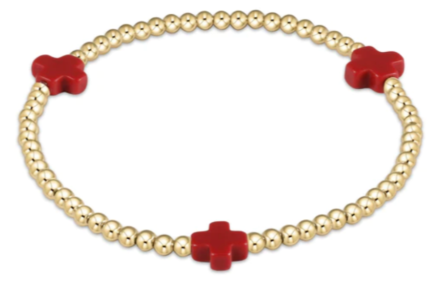 Signature Cross Gold Pattern 3mm Bead Bracelet - Red